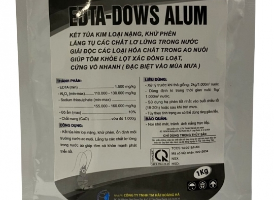 EDTA  - DOWS ALUM:  Khử và trung hòa các hóa chât các kim loại nặng trong ao nuôi.