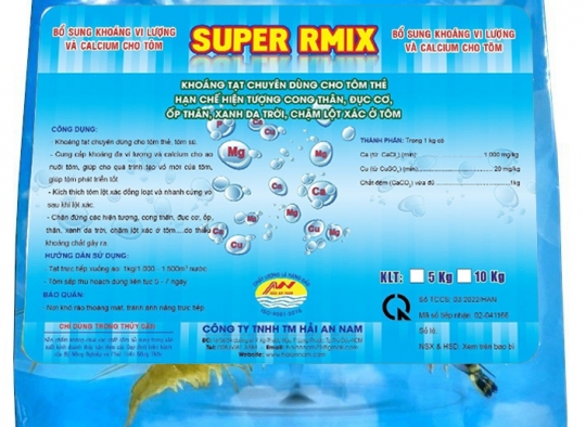 SUPER RMIX: Dạng bột_ Cung cấp khoáng vi lượng và calcium cho tôm, phòng hiện tượng cong thân,..